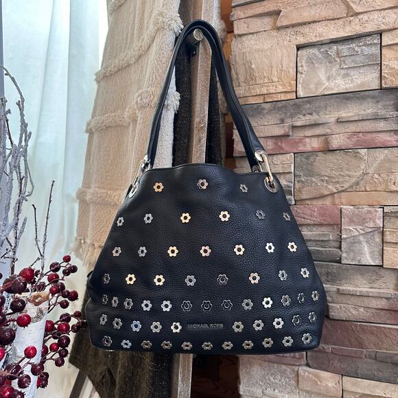 Michael Kors Black Leather Raven Silver Flower Stud Large Shoulder Tote Purse - Picture 8 of 16